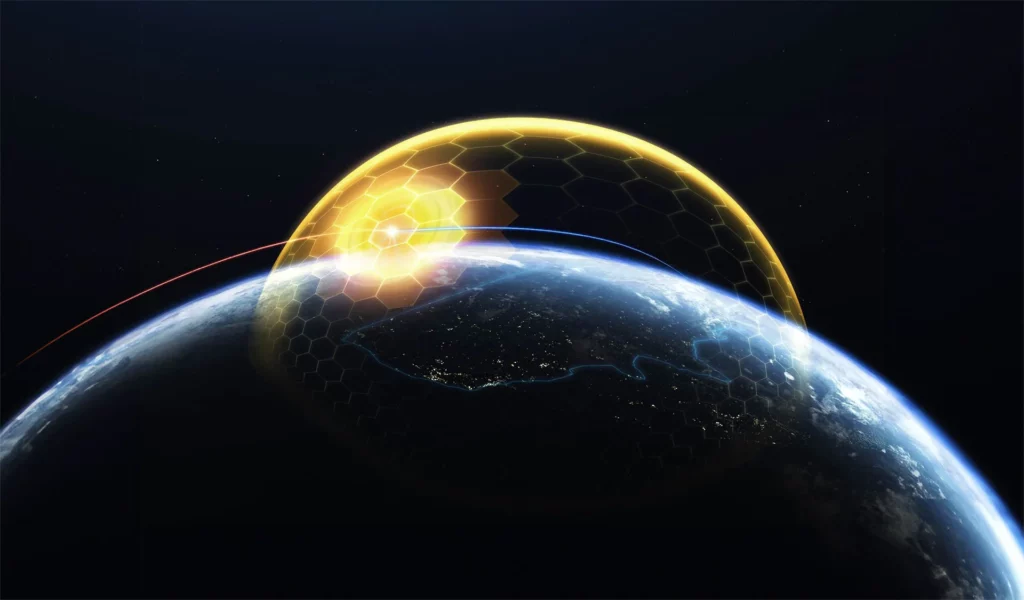 Concept illustration of Trump's Golden Dome missile defense system covering U.S airspace.