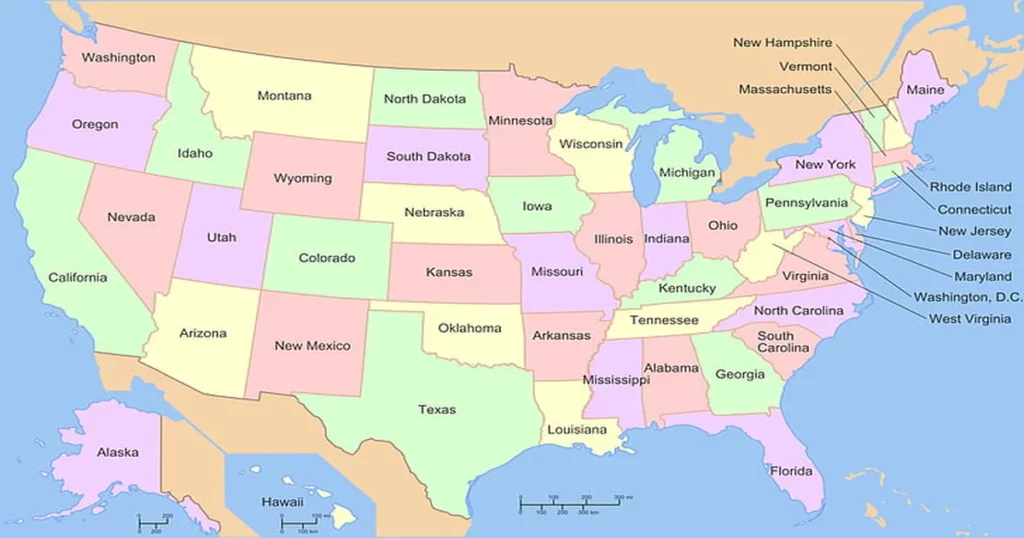 US Map showing all 50 States and Capitals.