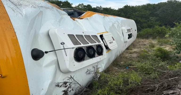 Austin school bus rollover injures 12, including three with serious injuries.