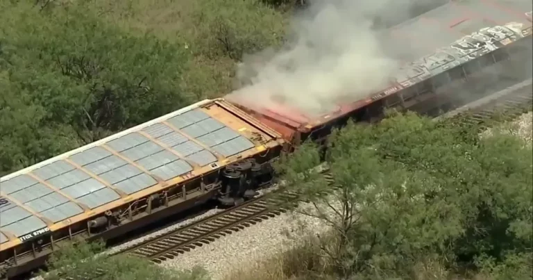 About 35 Union Pacific train cars derailed near Gordon, Texas; no injuries reported.