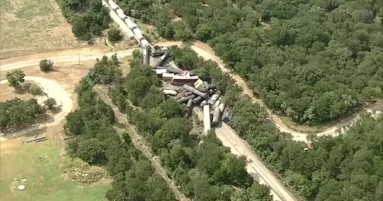 About 35 Union Pacific train cars derailed near Gordon, Texas; no injuries reported.